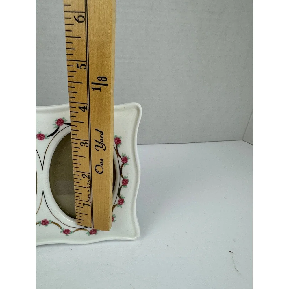 Vintage Ceramic Double Picture Frame Pink Rosebud Floral Scalloped Oval 5x7